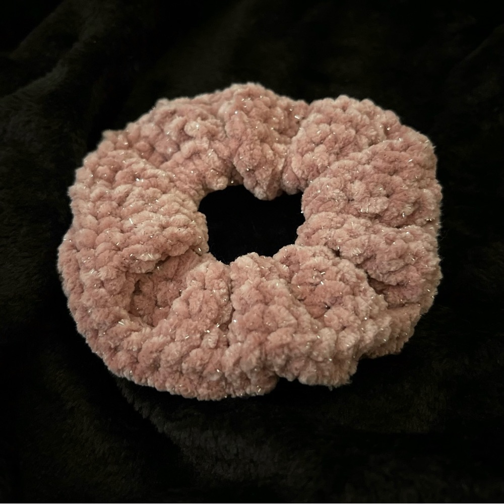 Handmade Medium Crochet Sparkle Velvet Scrunchie ‘Blush’
